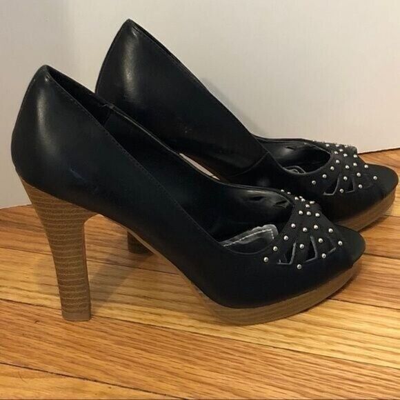 NEW black vegan leather platform peeptoe heels 5.5 Mandee cutout - Picture 4 of 12